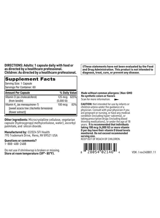 Klaire Labs Klaire Labs SFI Health Vitamin D Plus K - Bioavailable Vitamin K2 D3 Supplement for Bone & Immune Support - Each Capsule Delivers D3 5000 iu & K2 100 Mcg (60 Capsules) - Image 5