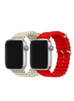2Pack for Apple Watch Ocean Band 49mm 45mm 44mm 42mm Soft Silicone Loop Strap for iWatch Series Ultra/8/7/SE/6/5/4/3/2/1 Beige/Red