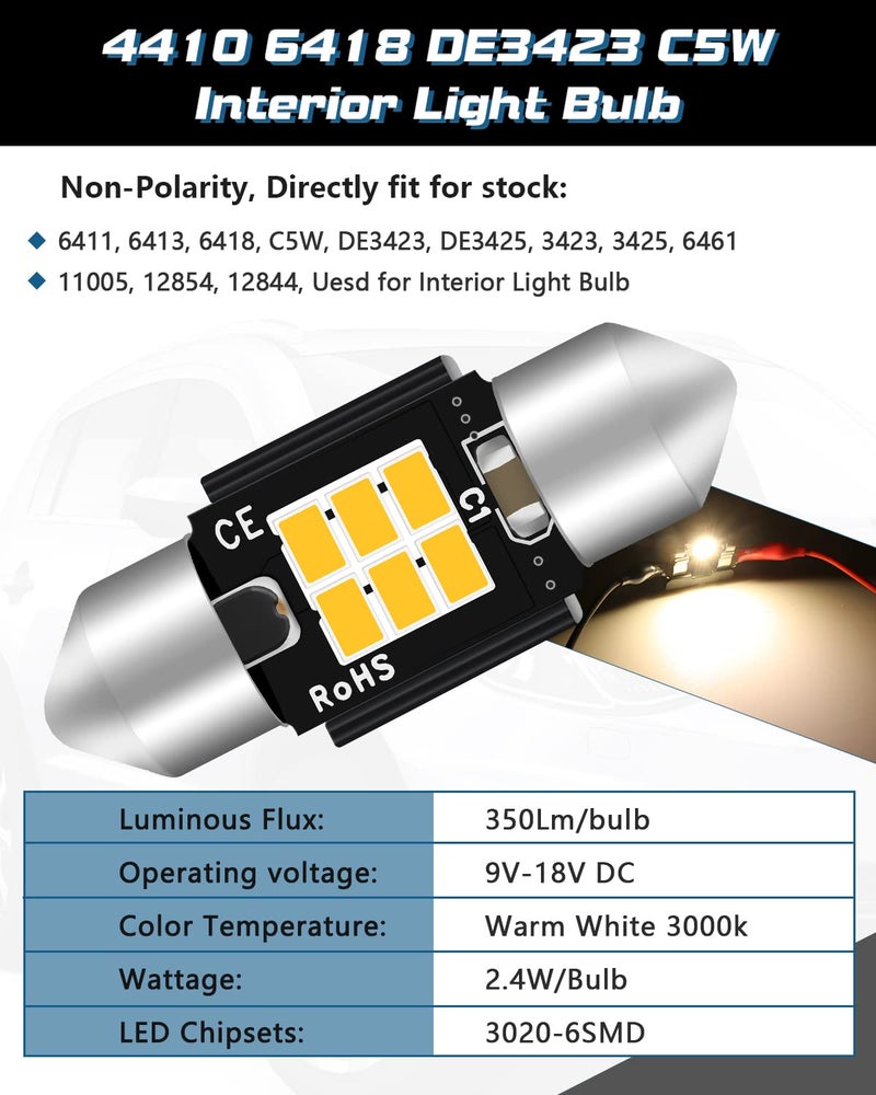 Alopee 4pcs 6418 Led Bulb 36mm/1.42" Soft White 3000K Dome Light Non-Polarity Error Free 4410 DE3423 C5W Vanity Light License Plate Light DC 9-18V - Image 3