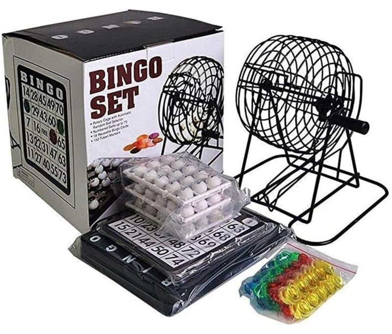 URbazaar Complete Bingo Lotto Game Set with 8 Inch Bingo Cage 75 Balls 18 Bingo Cards and 150 6 Color Mix Bingo Chips with a Bag Bingo Game Family Board Game Ideal for Large Groups - Image 1