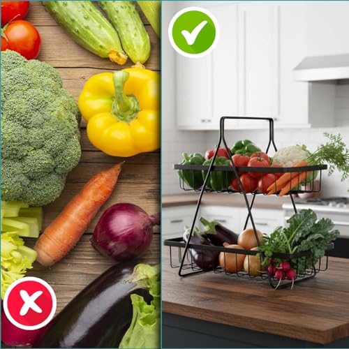 Go Hooked Counter-top 2 Tier Fruit Basket ideal for Dining Table, Centre Table | Metal Fruit Bowl or Bread Basket Vegetables Storage Organizer Holder (Black) - Image 4