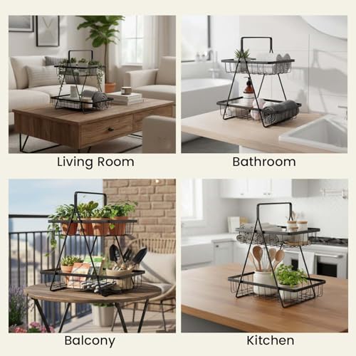 Go Hooked Counter-top 2 Tier Fruit Basket ideal for Dining Table, Centre Table | Metal Fruit Bowl or Bread Basket Vegetables Storage Organizer Holder (Black) - Image 3