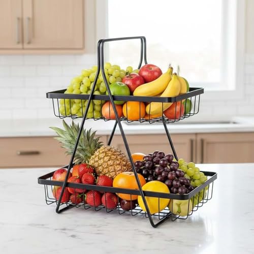 Go Hooked Counter-top 2 Tier Fruit Basket ideal for Dining Table, Centre Table | Metal Fruit Bowl or Bread Basket Vegetables Storage Organizer Holder (Black) - Image 5