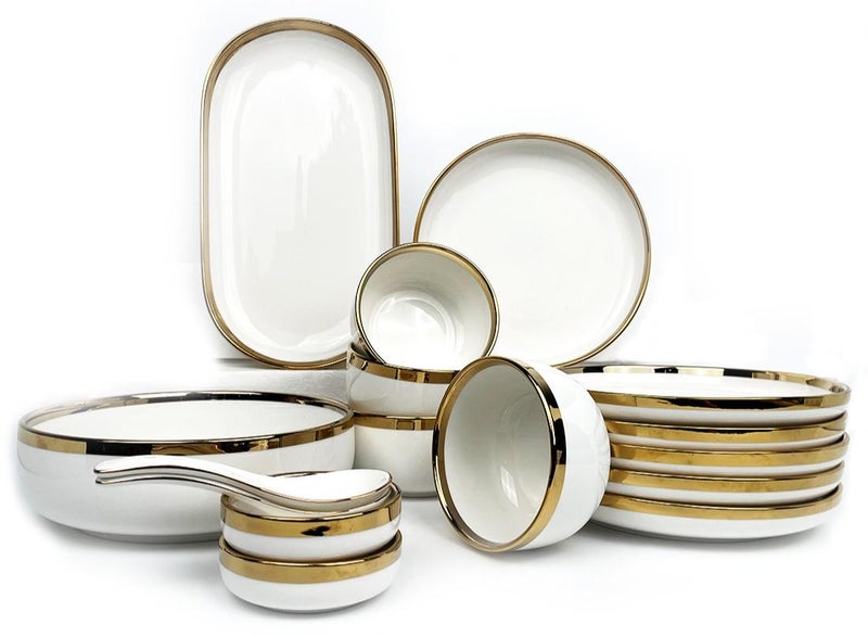 اطقم سفره عشاء 16 قطعة على الطراز الأوروبي بسيط وراقٍ وأنيق ومجموعة هدايا مثالية والحدود الذهبية والحليب الأبيض - Image 1