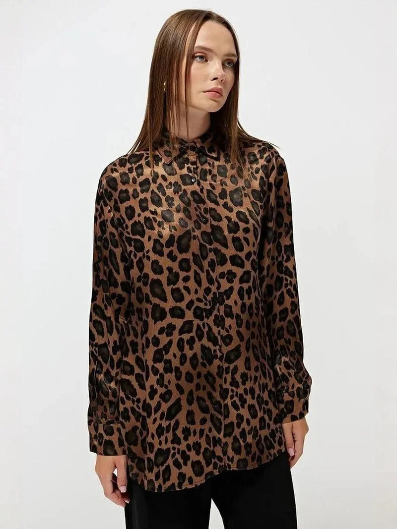 MixRay Mixray Leopard Print Satin Shirt