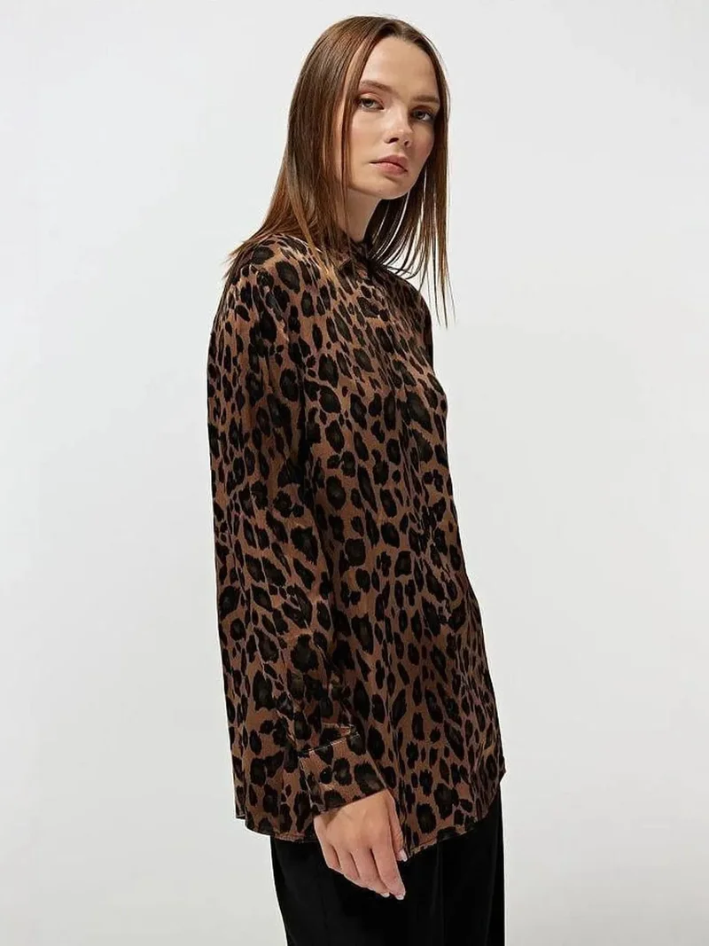 MixRay Coffee Brown Mixray Leopard Print Satin Shirt for Women | Best Price UAE