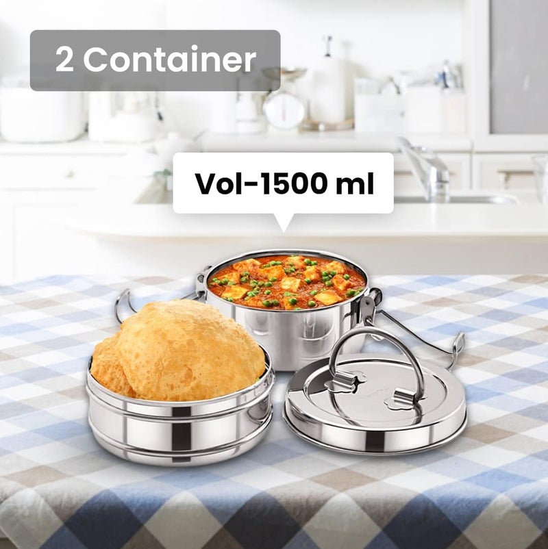 Kuber Industries Stainless Steel Tiffin Box for Lunch I 1500 ml I 2 Containers I Leak Proof, Rust Proof, Food Grade Steel | 2 Tier Compartment Lunch Box for Office/Food Container with Handle - Image 2