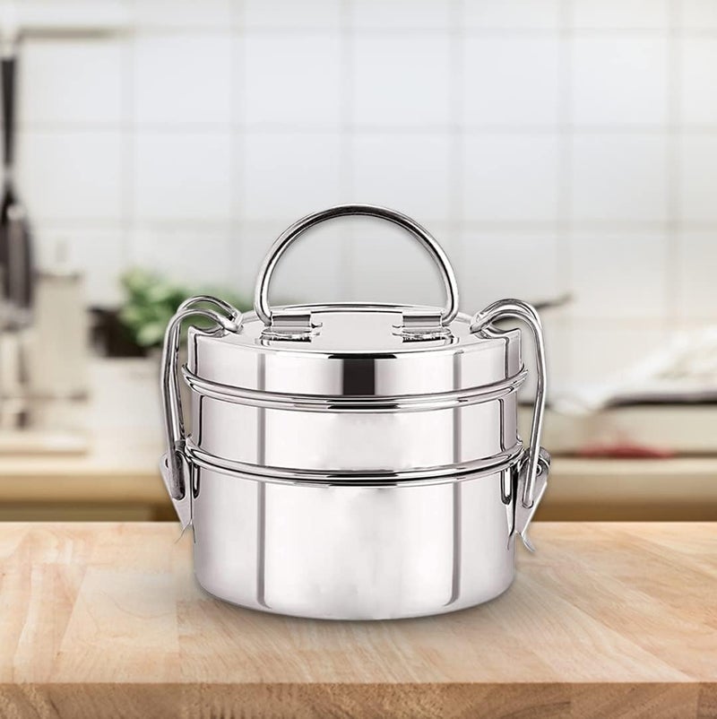 Kuber Industries Stainless Steel Tiffin Box for Lunch I 1500 ml I 2 Containers I Leak Proof, Rust Proof, Food Grade Steel | 2 Tier Compartment Lunch Box for Office/Food Container with Handle - Image 1