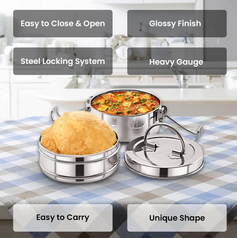 Kuber Industries Stainless Steel Tiffin Box for Lunch I 1500 ml I 2 Containers I Leak Proof, Rust Proof, Food Grade Steel | 2 Tier Compartment Lunch Box for Office/Food Container with Handle - Image 4