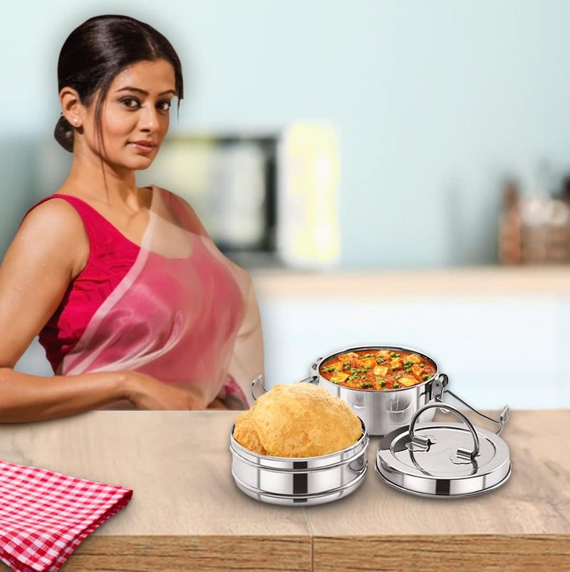 Kuber Industries Stainless Steel Tiffin Box for Lunch I 1500 ml I 2 Containers I Leak Proof, Rust Proof, Food Grade Steel | 2 Tier Compartment Lunch Box for Office/Food Container with Handle - Image 3