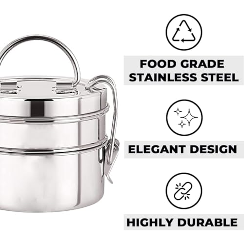 Kuber Industries Stainless Steel Tiffin Box for Lunch I 1500 ml I 2 Containers I Leak Proof, Rust Proof, Food Grade Steel | 2 Tier Compartment Lunch Box for Office/Food Container with Handle - Image 5