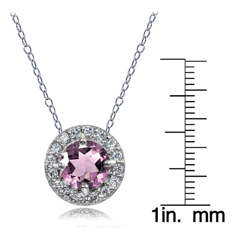 Ice Gems Sterling Silver Light Purple Cubic Zirconia and White Topaz Round Halo Necklace - Image 2