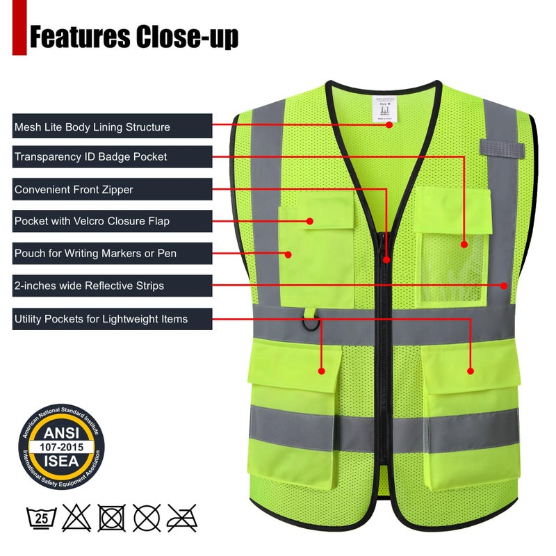 HATAUNKI Safety Vest for Men Women Hi Vis Vest with Pockets Mesh High Visibility Vest Meets ANSI/ISEA Standards (Yellow-20, Large) - Image 2