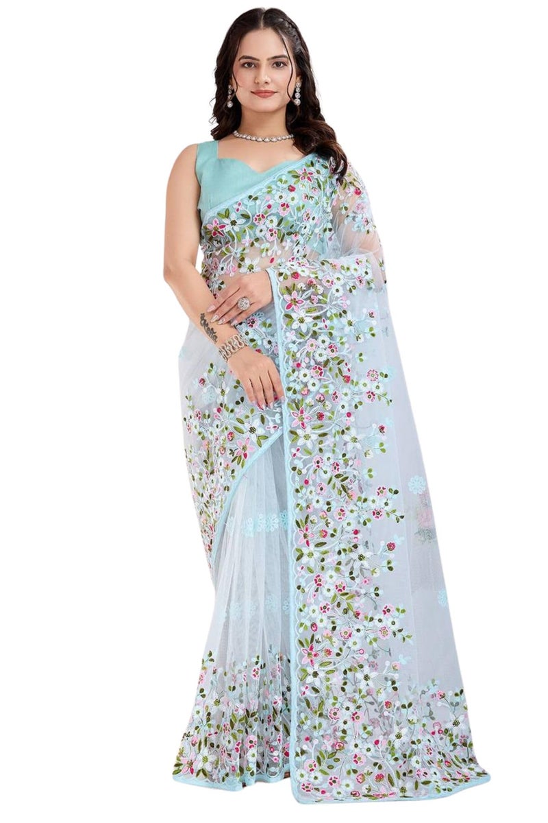 SGF11 Women's Soft Net Embroidery Work Saree With Unstitched Blouse Piece (Light Blue) - Image 1
