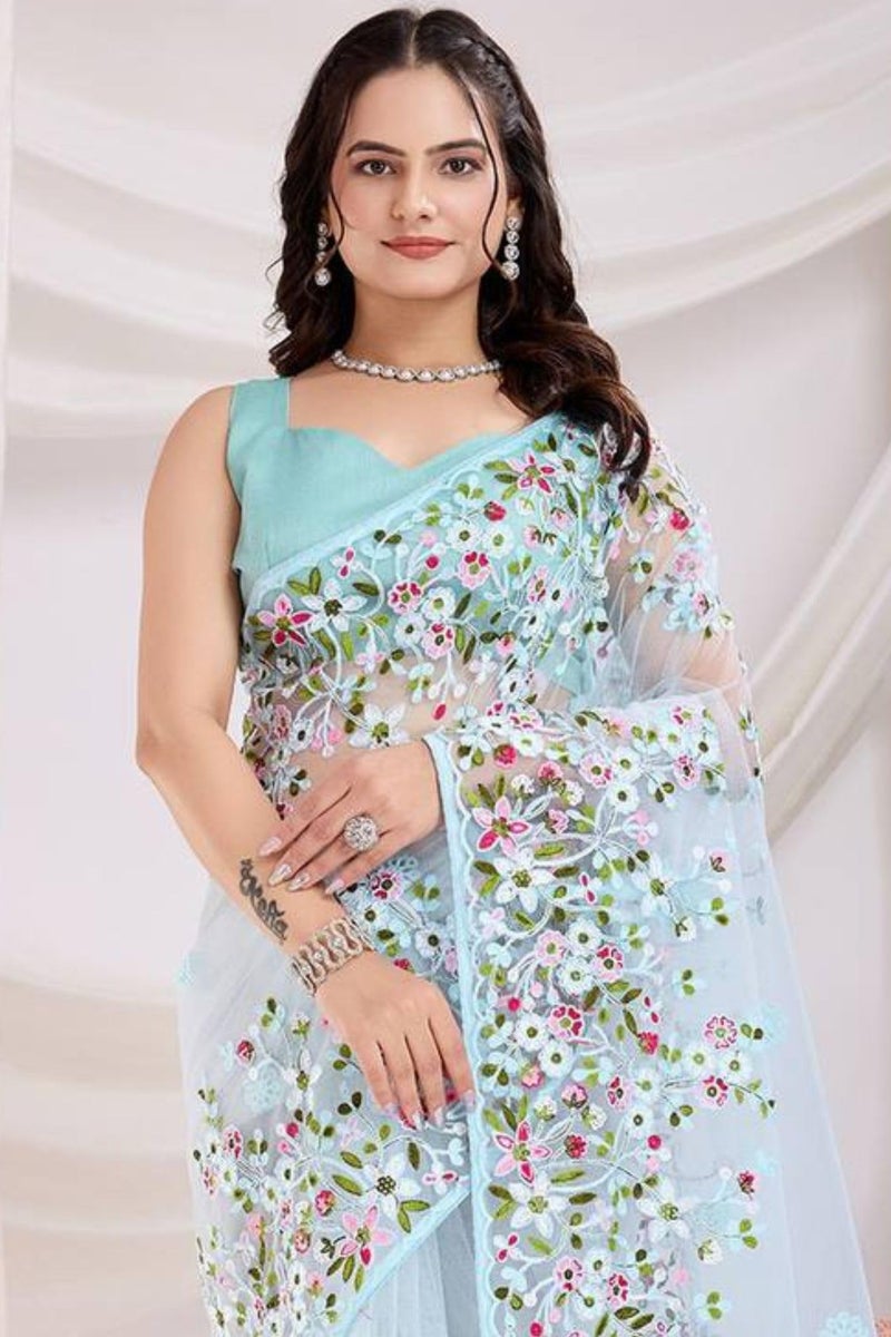 SGF11 Women's Soft Net Embroidery Work Saree With Unstitched Blouse Piece (Light Blue) - Image 5