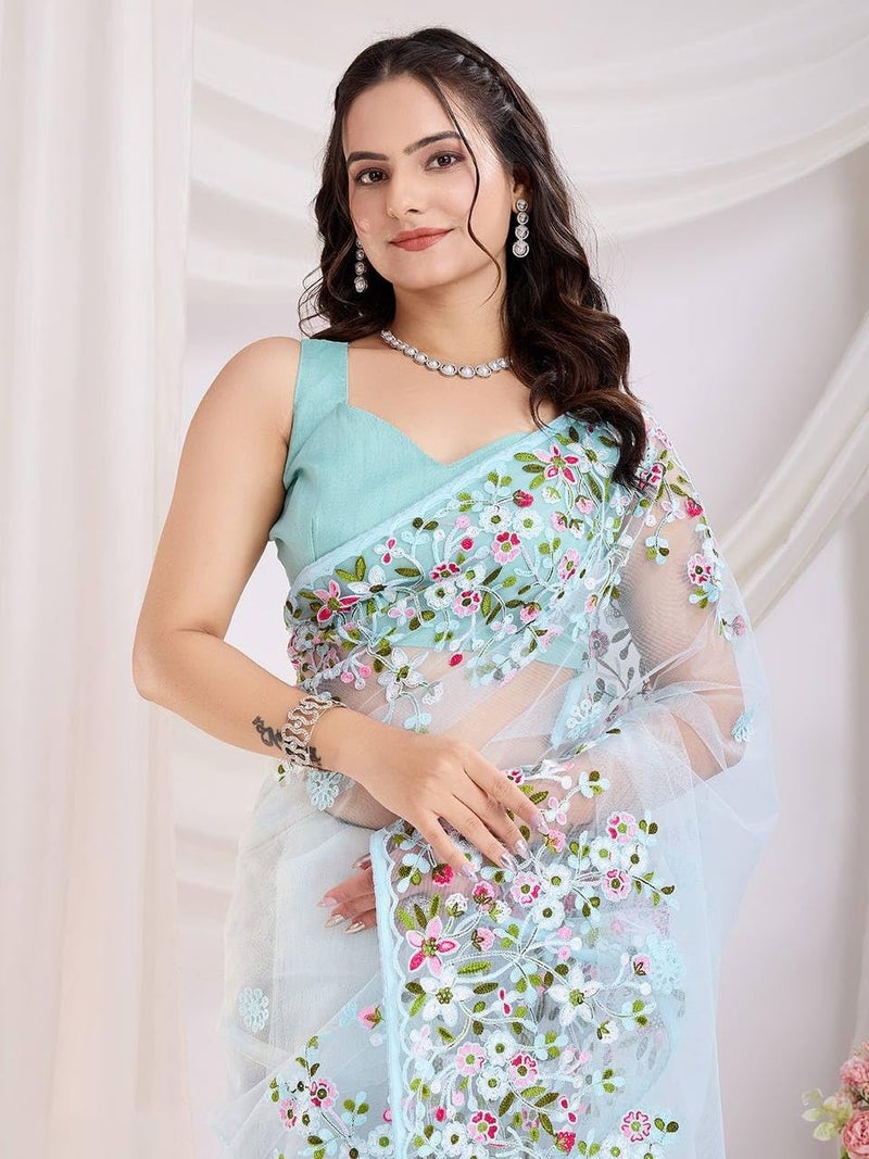 SGF11 Women's Soft Net Embroidery Work Saree With Unstitched Blouse Piece (Light Blue) - Image 3