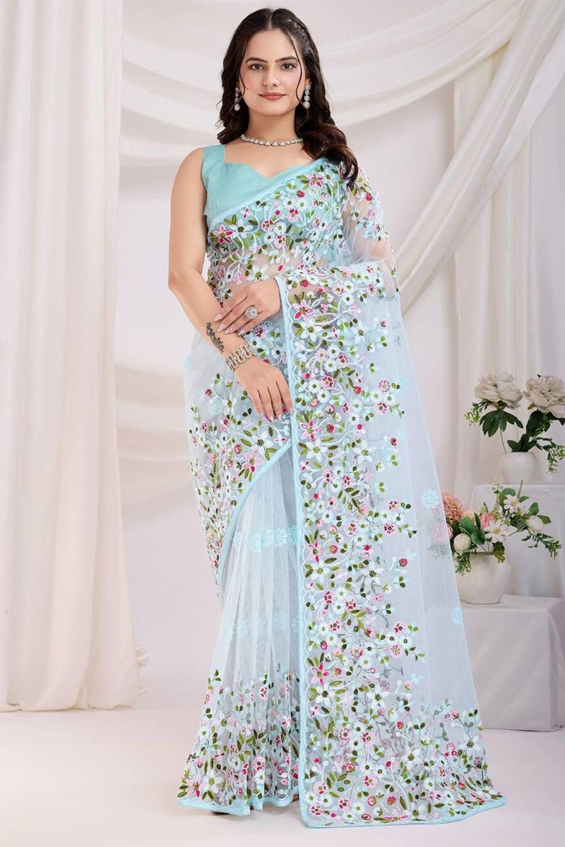 SGF11 Women's Soft Net Embroidery Work Saree With Unstitched Blouse Piece (Light Blue) - Image 2