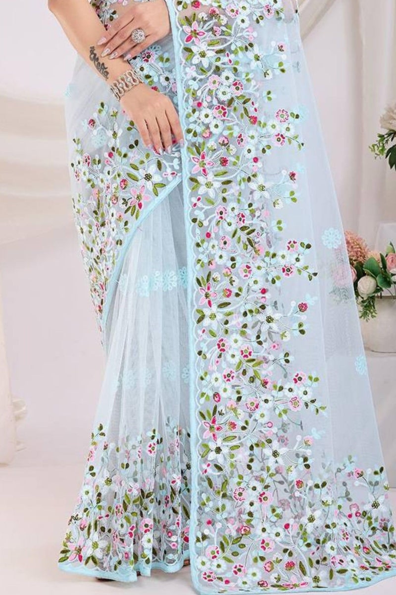 SGF11 Women's Soft Net Embroidery Work Saree With Unstitched Blouse Piece (Light Blue) - Image 4
