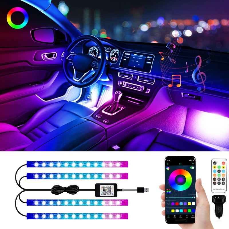 أضواء شريط LED RGB EBright YM للتحكم في السيارة عبر التطبيق مع أضواء LED داخل السيارة مع شاحن مزامنة الموسيقى تحت لوحة القيادة مجموعة إضاءة نيون مع كابل USB DC 12V