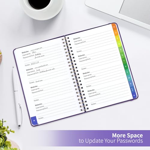 Blugool Password Book with Alphabetical Tabs, Password Keeper Book for Seniors, Individual & Colorful Tabs, Spiral Hardcover Password Notebook for Website Logins, 5.7" x 7.7", Purple - Image 4