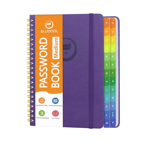 Blugool Password Book with Alphabetical Tabs, Password Keeper Book for Seniors, Individual & Colorful Tabs, Spiral Hardcover Password Notebook for Website Logins, 5.7" x 7.7", Purple - Image 1