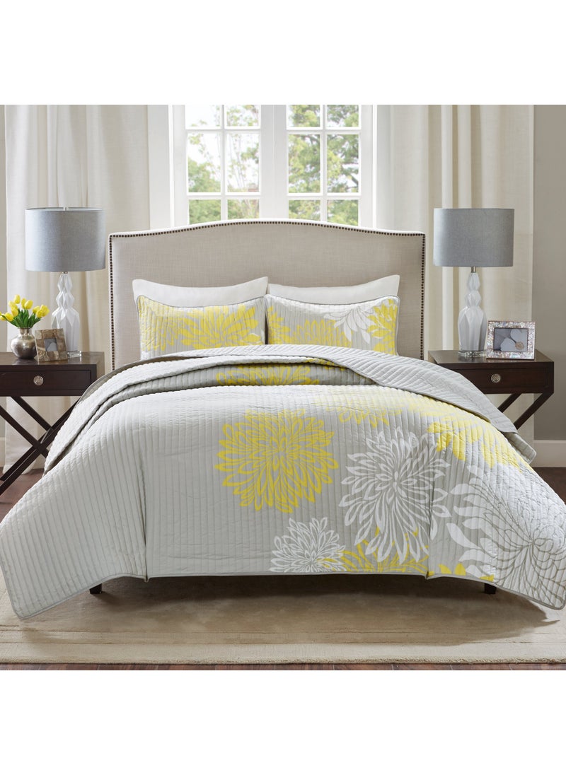 Comfort Spaces Comfort Spaces Enya Quilt Set  Casual Floral Print Channel Stitching Design All Season Lightweight Coverlet Cozy Bedding Matching Shams Decorative Pillows FullQueen90x90 Yellow 3 Piece 