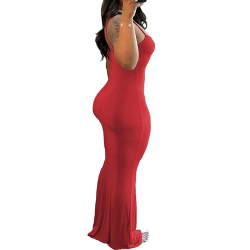 PINSV Women Summer Long Dress Casual Slip Sexy Sleeveless Bodycon Maxi Dresses for Women Red XXL - Image 2