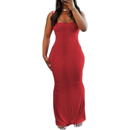 PINSV Women Summer Long Dress Casual Slip Sexy Sleeveless Bodycon Maxi Dresses for Women Red XXL - Image 5