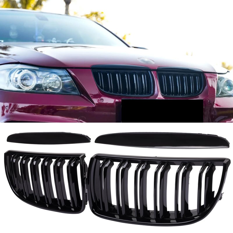 DEKEWEI E90 Grill Front Kidney Grille Compatible with BMW 3 Series 20052008 E90 E91 Double Slats Gloss Black Grills 2pcs
