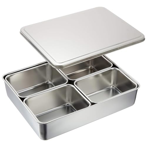 TIKUSAN Stainless Steel Seasoning Container Yakumi Pan Spice Storage Box Tray with Lid Medium Size Made in Japan 4 Containers Square - Image 1