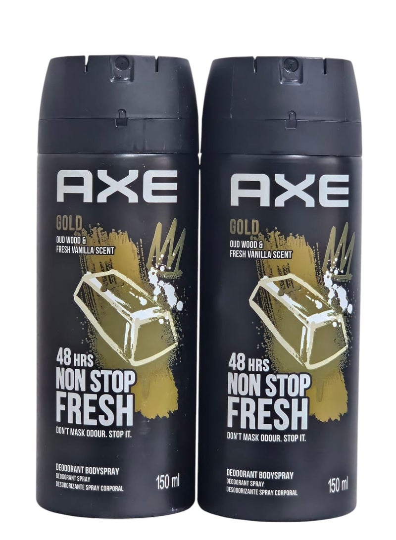 أكس اكس مزيل عرق و معطر جسم بخاخ - جولد (خشب العود و الفانيلا) 48 ساعة انتعاش 150 مل - عبوتين