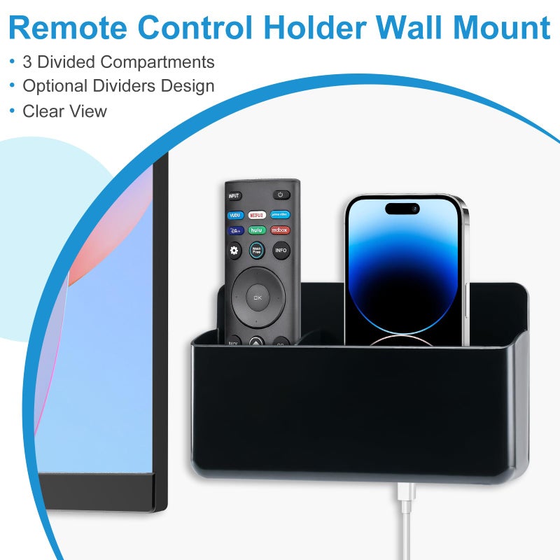 First-zgel 3 Slot Adjustable Remote Holder Wall Mount, TV Controller Holder Hollow Bottom Slot Easy Phone Charging, Adhesive Remote Control Holder, Wall Pen Holder for Office School Home (Black) - Image 4