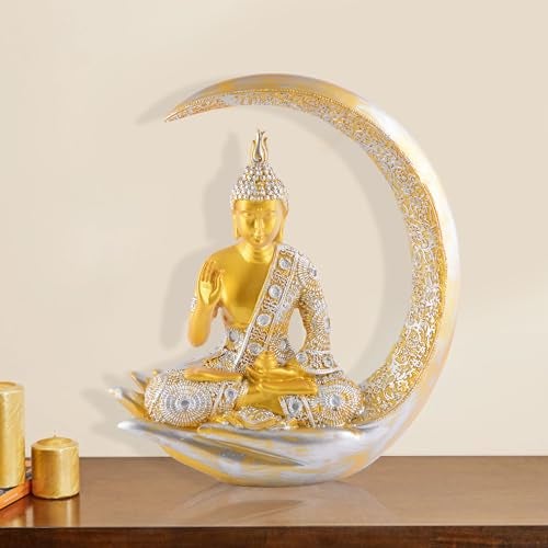 zart Samadhi Buddha Sitting On Chand for Home Decor Showpiece Figurine, 10 inch, 12 cm, Black - Image 1
