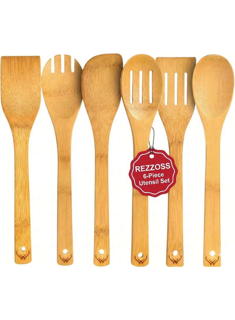REZZOSS 6 PCS Wooden Kitchen Utensil Set – Premium Bamboo Cooking Utensils, Spoon, Fork Spoon, Spatula & Turner, BPA-Free Non-Scratch Kitchen Cookware Tools - Image 1