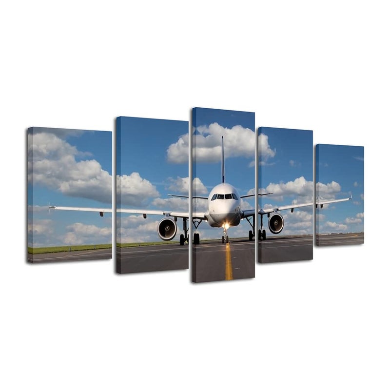 Pyradecor Modern 5 Panel Stretched Landscape Skyline Artwork Canvas Prints Airplane Pictures Paintings on Canvas Wall Art Ready to Hang for Living Room Bedroom Home Decorations - Image 1