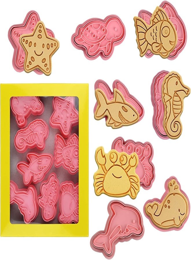 Skytail 8pc Ocean Cookie Cutters with Plunger Stamps Set 3D Marine Fish Sea Animal Cookie Stamps Biscuit Cutters Baking Biscuits Chocolate Fondant Cake Decoration Pastry Embossing Cutter Party Treats - Image 1