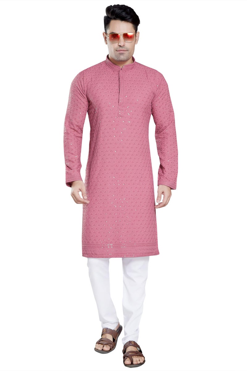 DIVISIVE Men's Sequince Embroidered Cotton Blend Only Slim Fit Kurta (DKRT103_XXL_Pink) - Image 2