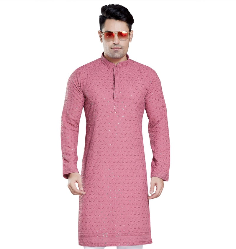 DIVISIVE Men's Sequince Embroidered Cotton Blend Only Slim Fit Kurta (DKRT103_XXL_Pink) - Image 1