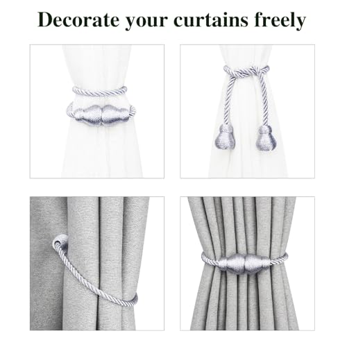 Nieffeiy Magnetic Curtain Tiebacks Outdoor Curtain Tie Backs Rope Decorative Magnetic Curtain Holders for Drapes Window Treatment Holdbacks, Grey 2Pack - Image 4