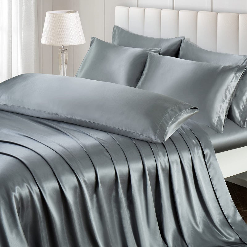 Ersmak 7 Pieces Satin Sheets Set Queen Size Luxury Silky Grey Satin Bed Sheets Set with 1 Deep Pocket Fitted Sheet 1 Soft Flat Sheet 4 Queen Pillowcases and 1 Body Pillowcase