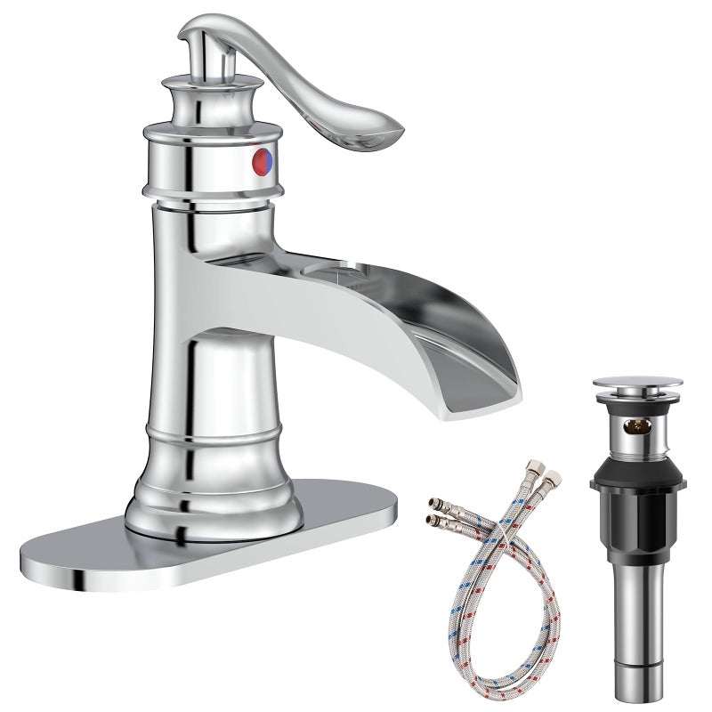 Homevacious Bathroom Faucet Chrome Waterfall Bathroom Sink Faucets with Single Handle Rustic Vanity Farmhouse RV Faucet Suitable for 1 or 3 Holes with Popup Drain Deck Plate Hose