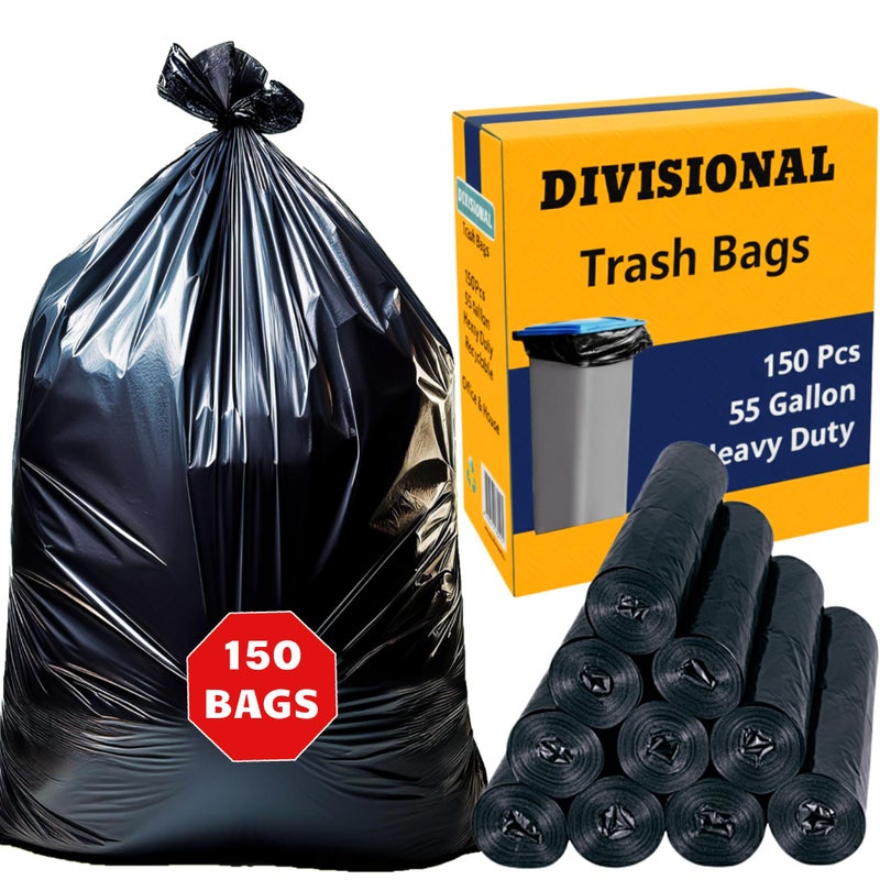 DIVISIONAL 150 Count | 55 Gallon Trash Bags | 150- Pack | Heavy Duty Trash Bags | Heavy Duty Garbage Bags | Black Garbage Bags | Large | 20 Micron - Image 1