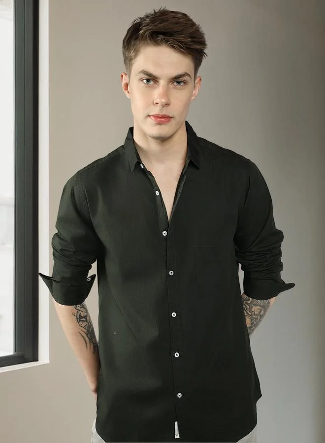 دينيس لينغو قميص قطن بقصة ضيقة رجالي زيتوني كاجوال