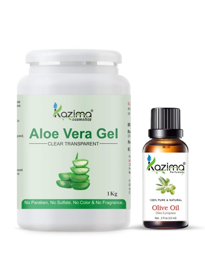 KAZIMA Combo of Aloe Vera Gel 1Kg & Olive Carrier Oil 15ml - 100% Pure & Natural for Skin, Face, Acne Scars, Hair, Moisturizer & Dark Circles (Combo of 2) - Image 1