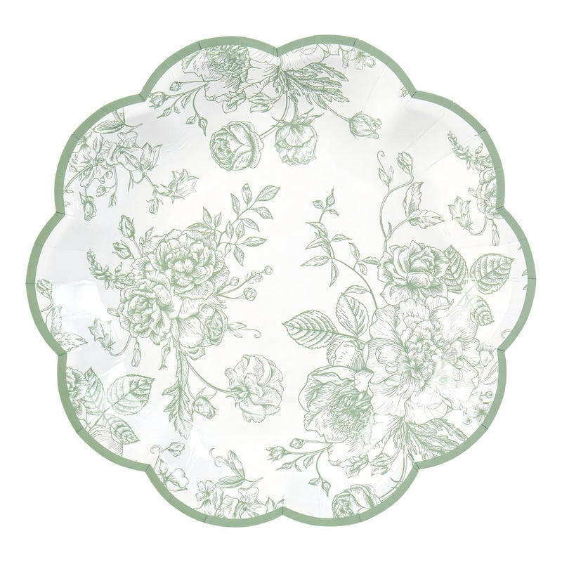Elyxio 24 Pcs Green Floral Party Plates Vintage Floral Leaf Disposable Paper Plates Wildflower Sage Green Toile 7" Small Scalloped Dessert Plates for Spring Easter Birthday Bridal Tea Party Supplies - Image 1