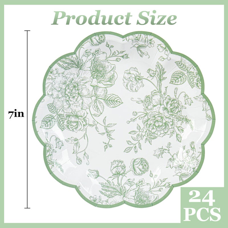 Elyxio 24 Pcs Green Floral Party Plates Vintage Floral Leaf Disposable Paper Plates Wildflower Sage Green Toile 7" Small Scalloped Dessert Plates for Spring Easter Birthday Bridal Tea Party Supplies - Image 3