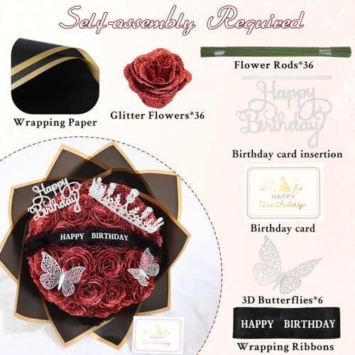 Waipfaru Glitter Roses Bouquet Birthday Gifts for Women Mom DIY Fake Flowers Bouquet with Birthday StandUp Signs 36 Red Rose for Grandma Wife Friends - Image 3