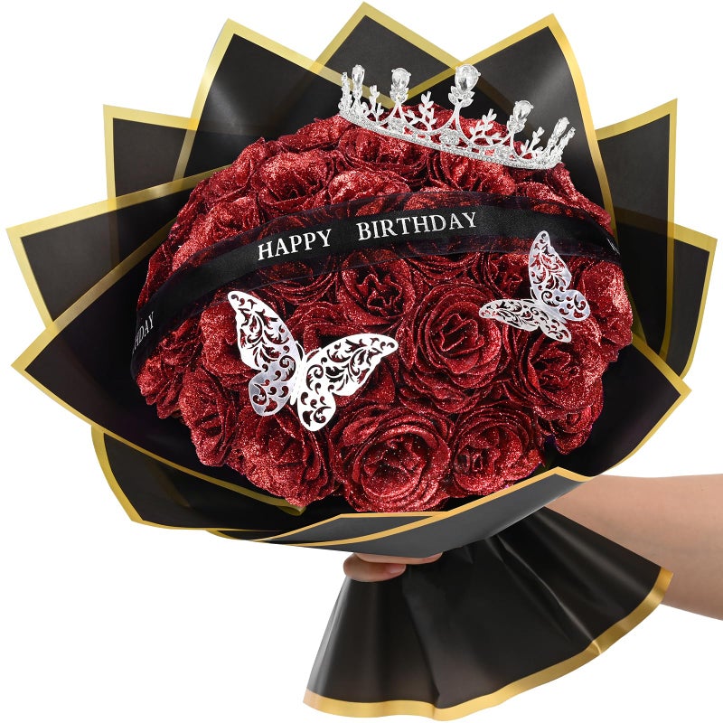 Waipfaru Glitter Roses Bouquet Birthday Gifts for Women Mom DIY Fake Flowers Bouquet with Birthday StandUp Signs 36 Red Rose for Grandma Wife Friends - Image 2
