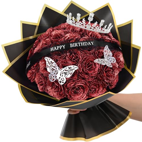 Waipfaru Glitter Roses Bouquet Birthday Gifts for Women Mom DIY Fake Flowers Bouquet with Birthday StandUp Signs 36 Red Rose for Grandma Wife Friends - Image 1