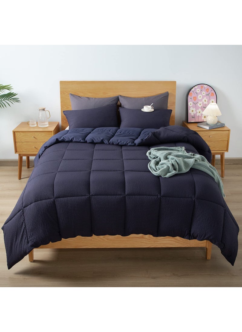 KASENTEX KASENTEX Winter Warmth Quilted Comforter Set Twin with 1 Pillow sham Cozy Soft Seersucker Bedding Set Textured Down Alternative FillTwinTwin XL Set Navy 
